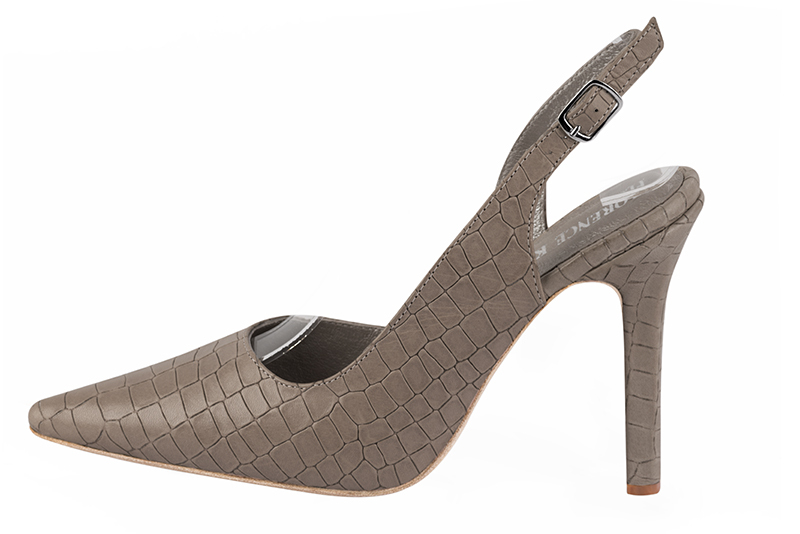 Bronze beige women's slingback shoes. Pointed toe. Very high slim heel. Profile view - Florence KOOIJMAN